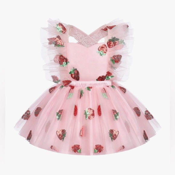 Pink Strawberry Tutu Romper Dress 12 18M - Picture 3 of 9